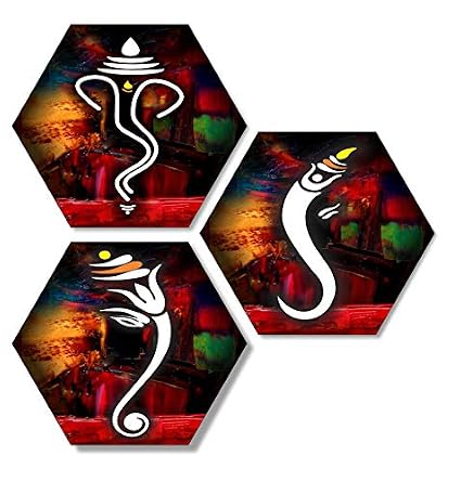 SAF paintings Set of 3 Hexagon Ganesha UV Textured Home