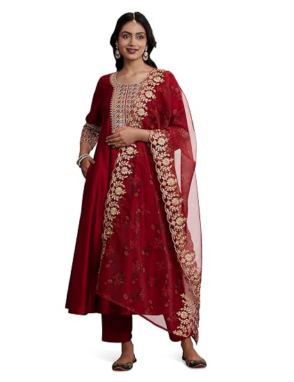 Amazon Brand - Myx Women's Embroidered Anarkali Kurta Suit Set