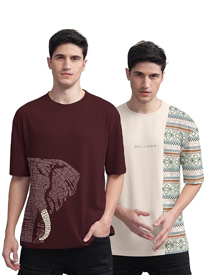 BULLMER Trendy Front and Back Printed Oversized Round Neck T-Shirt